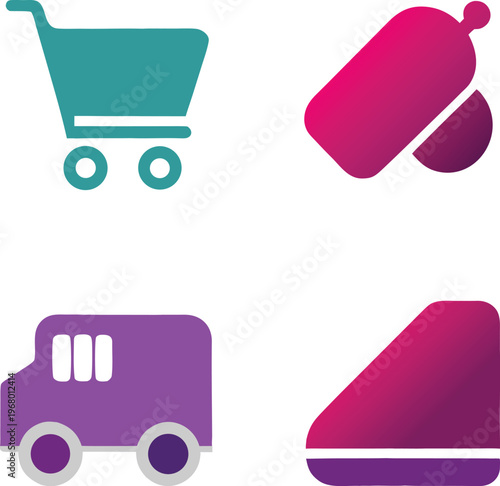 Four colorful icons for shopping and travel shopping cart