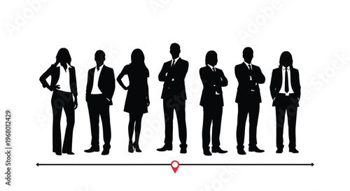 Diverse group of business professionals standing in silhouette on a timeline vector graphic illustration showcasing career progress.