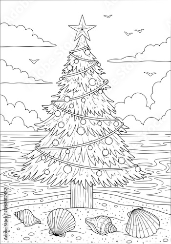 A Christmas tree with presents under it on the ocean shore coloring page
