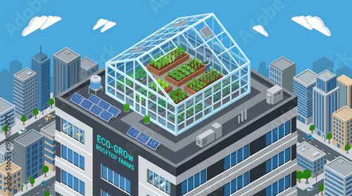 Sustainable Urban Rooftop Greenhouse with Solar Panels and Vegetable Garden, Isometric Future Smart City Architecture Concept