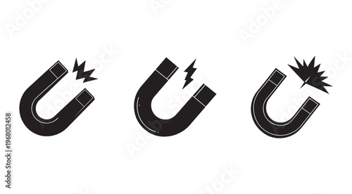 Set of black and white illustrations of magnets with lightning sparks  magnetic field and attraction forces  physical phenomenon  educational material  science concepts