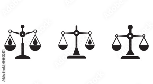 Set of black and white scales icons showing different balance states  symbolizing justice and equality  used for law and business concepts