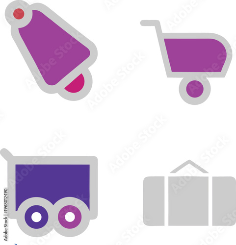 Four shopping and travel icons with purple and grey colors