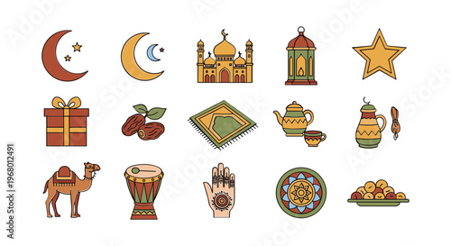 Ramadan Kareem Islamic Symbols and Icons Set.