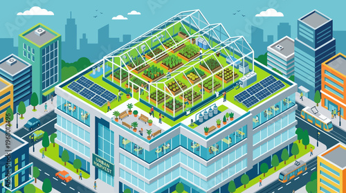 Isometric Urban Farming Concept with Rooftop Greenhouse and Solar Panels on Sustainable City Building