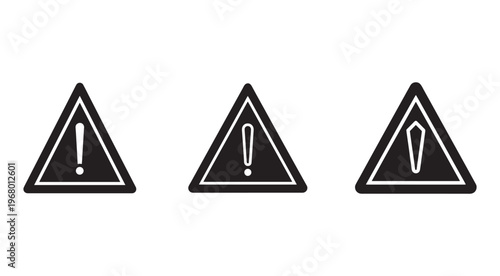 Set of black and white warning signs with exclamation marks on white background  warning symbols for alerts and notifications