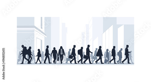 Silhouetted People Walking in City Street Scene.