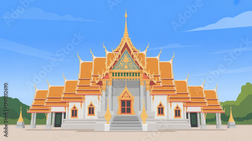 Traditional thai temple with orange roof and white walls under blue sky with green trees