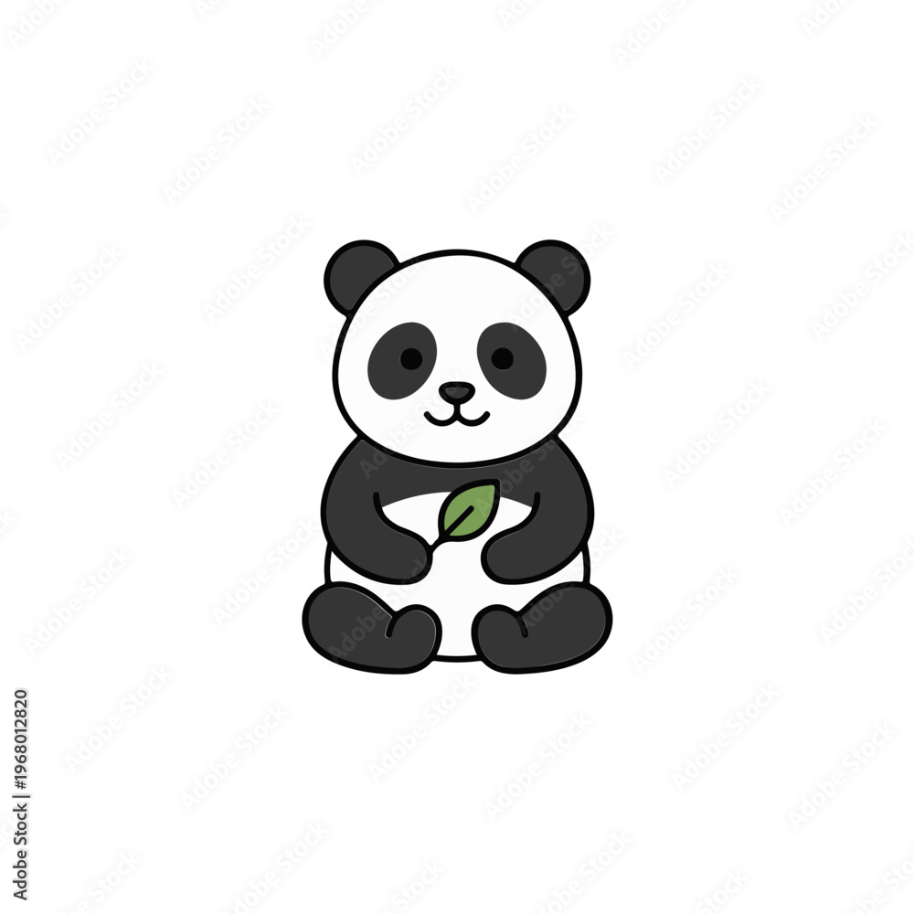 Naklejka premium Simple Cartoon Panda Bear Holding Leaf.