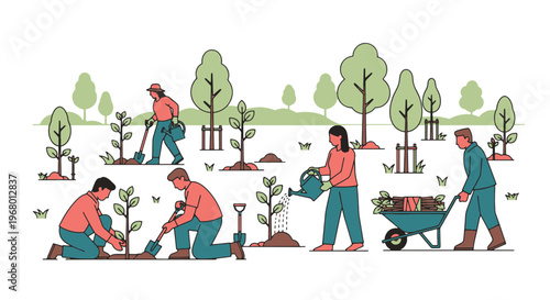 Diverse Group Planting Trees Together on Arbor Day Celebrating Nature and Community