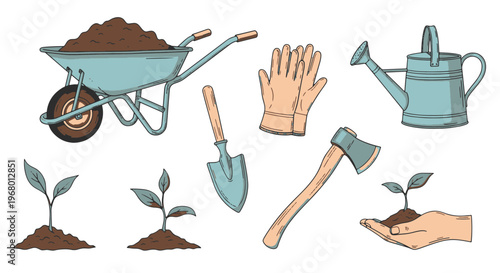 Gardening Tools and Young Plants for Arbor Day Celebration