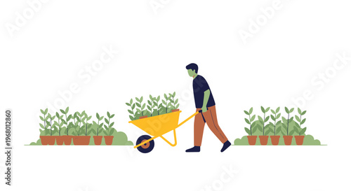 Gardener Pushing Wheelbarrow Full of Plants Arbor Day Concept