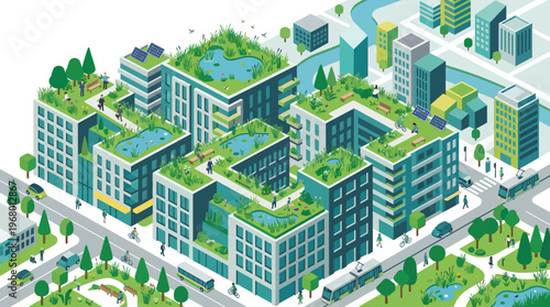 Isometric Sustainable Green City with Eco-Friendly Architecture, Rooftop Gardens, Solar Panels, and Public Transport for Future Urban Living