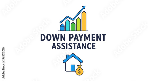 Down payment assistance concept illustration with rising bar chart, house icon, and money bag. Real estate financial support and mortgage concept.