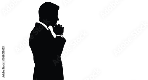 Thoughtful professional man in suit silhouette, hands clasped, illustrating contemplation or prayer in vector graphic style.