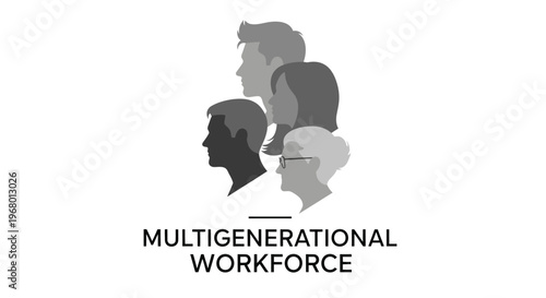 Multigenerational workforce concept illustration with silhouettes of people from different age groups. Minimalist monochrome vector design for HR and diversity.