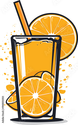 Orange Juice Glass Illustration on Dark Background, Citrus Drink Vector with Ice Cubes, Modern Minimal Beverage Design