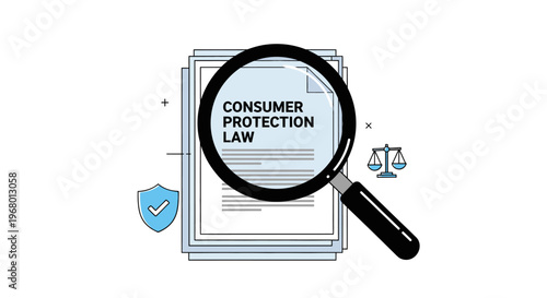 Consumer protection law concept illustration with magnifying glass over legal document, justice scales, and security shield icon. Minimalist vector design.