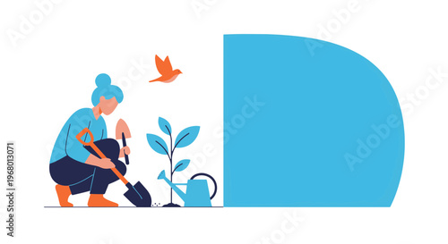 Woman Planting Tree on Arbor Day with Watering Can and Bird Flying