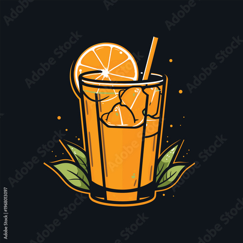 Orange Juice Glass Illustration on Dark Background, Citrus Drink Vector with Ice Cubes, Modern Minimal Beverage Design