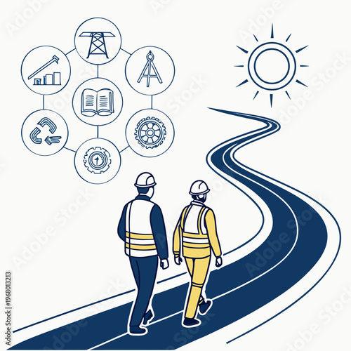 Two figures in hard hats walk along a winding road toward a bright sun surrounded by icons representing various fields