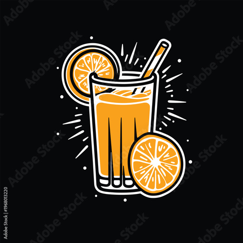 Orange Juice Glass Illustration on Dark Background, Citrus Drink Vector with Ice Cubes, Modern Minimal Beverage Design