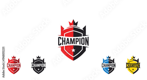 Collection of champion badges in various colors.