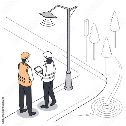 Two workers are inspecting a smart street lamp with wireless communication capabilities in an urban environment high quality professional detailed