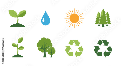 Arbor Day Environmental Conservation Icons with Seedlings Trees Sun Water and Recycling Symbols