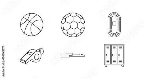 Sports Equipment Icons in Simple Line Art.
