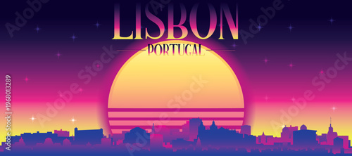 Purple generic retro futuristic synthwave panoramic poster of the city skyline with misty background sunset buildings of LISBON, PORTUGAL