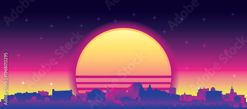 Purple generic retro futuristic synthwave panoramic poster of the city skyline with misty background sunset buildings of LISBON, PORTUGAL
