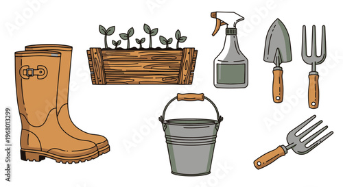 Arbor Day Gardening Tools Seedlings in Wooden Planter with Boots Water Bucket and Hand Tools