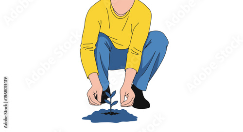 Arbor Day Person Planting Young Sapling Plant in Dark Soil Environment