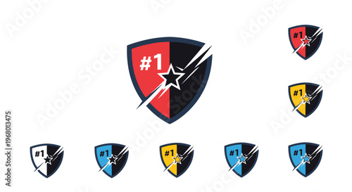 Collection of shield logos and icons.