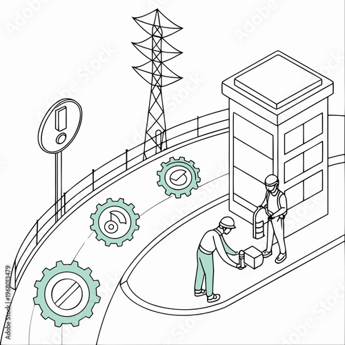 An isometric illustration depicts two workers near a security checkpoint and a transmission tower showcasing industrial infrastructure high quality professional
