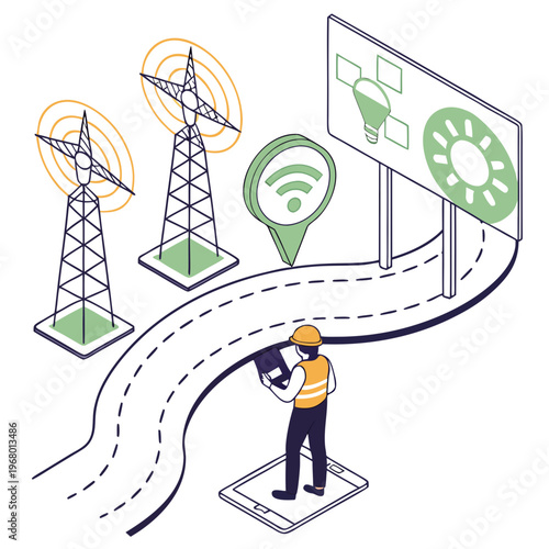 An isometric illustration depicts a worker inspecting smart grid technology featuring power lines a digital dashboard and renewable energy symbols