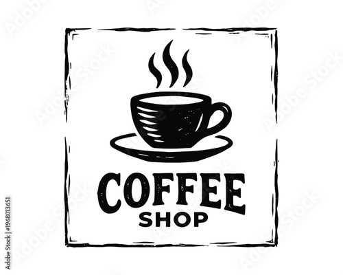 Rustic coffee shop emblem, woodblock print mug icon, framed cafe signage graphic, breakfast branding