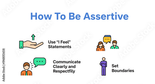 "How To Be Assertive" infographic with tips: Use "I Feel" statements, communicate clearly, and set boundaries.