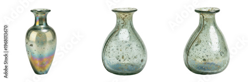 Foto Set and collection of antique rustic glass vases with iridescent finish and air bubbles isolated on white transparent PNG background
