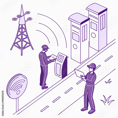 An isometric illustration depicts a security checkpoint with a guard inspecting a digital device alongside communication infrastructure high quality professional