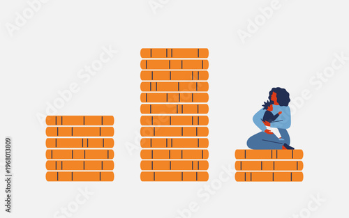 decrease in income during materiny leave. African american woman with child sits on small stack of coins and looking at the loss big salary. financial inequality and career crisis for mothers. vector