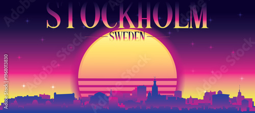 Purple generic retro futuristic synthwave panoramic poster of the city skyline with misty background sunset buildings of STOCKHOLM, SWEDEN