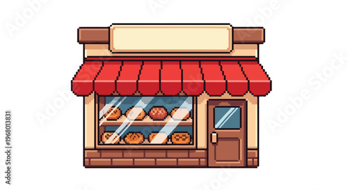 This pixel art illustration features a cozy bakery storefront with a red awning, a window displaying pastries, a brown door, and a blank sign.