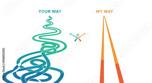 "Your Way vs My Way" concept illustration comparing a complex winding path with a straight, efficient route.