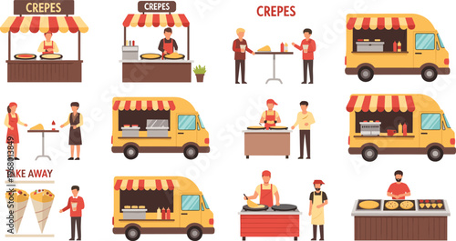 Crepes Street Food Vector Set with Food Trucks Market Stalls Chefs and Takeaway Dessert Scenes Isolated on White Background