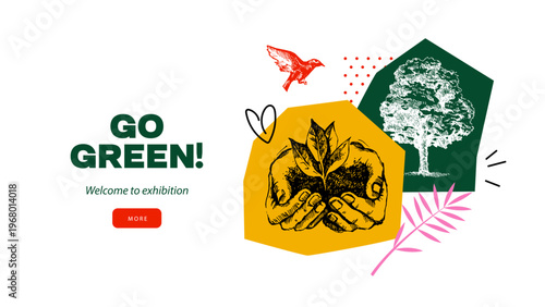 Hand drawn vintage eco-friendly collage banner with doodle sketch elements. Vector isolated ecology illustration