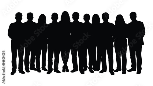 A group of ten people stand closely together their forms depicted as dark striking silhouettes high quality professional detailed modern elegant
