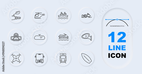 Transport activity set icon. Line style icons display hand holding sprout, helicopter, rowing boat, snowmobile, cable car, blimp, motorboat, car mirror, drone, bus, train, surfboard.