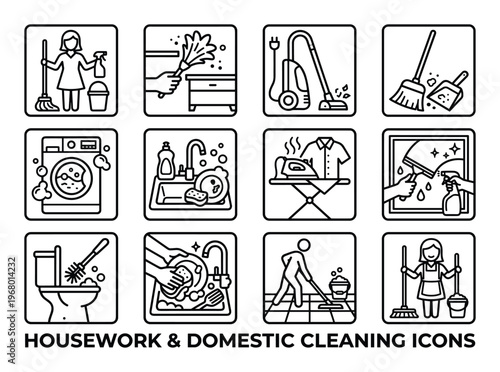 Set of twelve line art icons for housework and domestic cleaning. chores, home, hygiene, tidy.